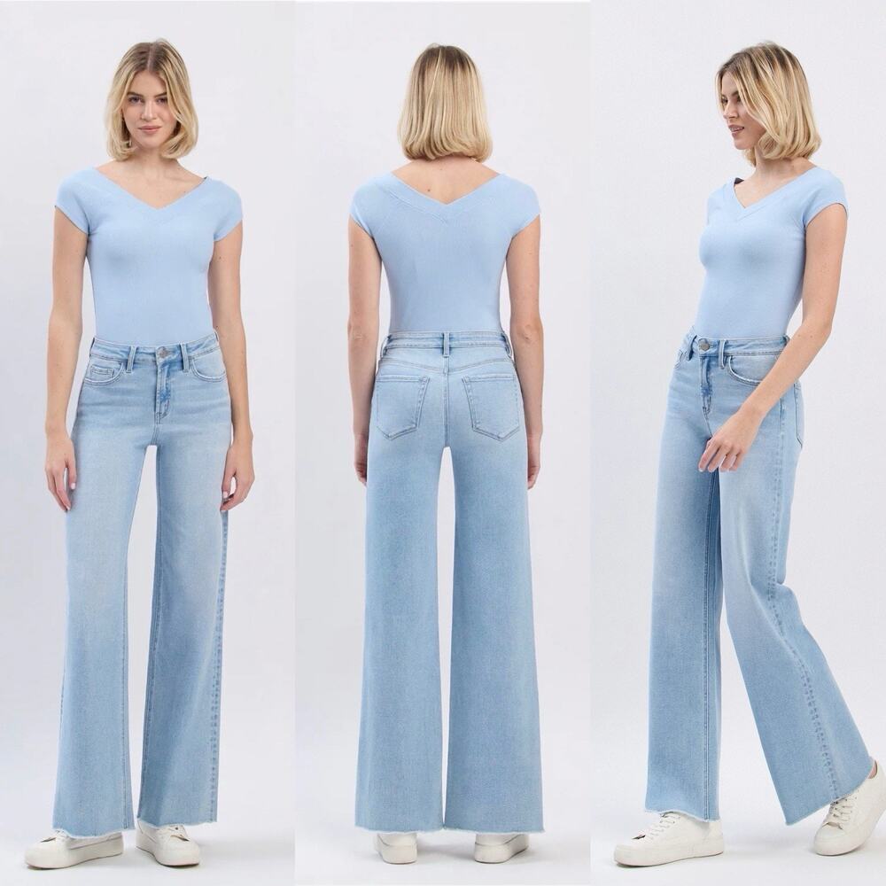 Vervet Judy High Rise Raw Hem Wide Leg Jeans 26 Light Wash Blue Stretch Boho